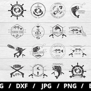 Collezione di set di loghi di club di pesca in formato svg, tour di pesca, tempo di pesca, set di emblemi di campi di pesca, icone e distintivi clipart in formato svg