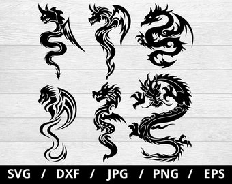 Black Dragon Silhouette Tattoo Designs: SVG Clipart Bundle (Digital Download)