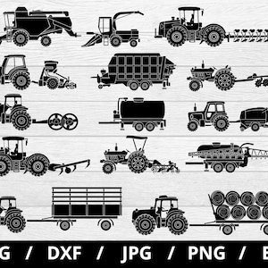 set di icone di veicoli agricoli silhouette in formato svg, trattore, trasporto, diversi tipi di mietitrebbiatrici agricole, escavatori clipart in formato svg