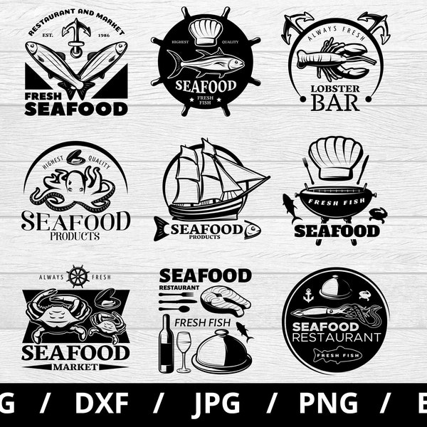 seafood restaurant logo sets collection illustration svg, seafood market, seafood shop, seafood products emblems icon badge sets clipart svg