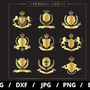 Koninklijke schilden badges luxe crest label sets svg, gouden kroon vleugel svg, heraldische monogram svg, vintage stijl gouden ornamenten clipart svg