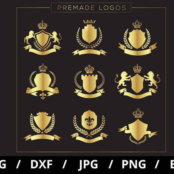 Royal shields badges luxury crest label sets svg, golden crown wing svg,  heraldic monogram svg, vintage style gold ornaments clipart svg