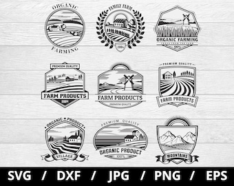 Farm Village Logo Set, Organic Farming Illustration (svg, eps, dxf, jpg, png)