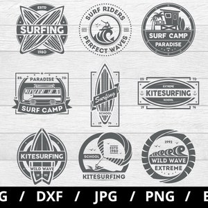 surfing tours logo sets illustration svg, surfing school, surf camp,  kitesurfing wild wave extreme emblems icon badge sets clipart svg
