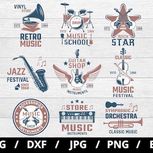 musik shop logo setzt Sammlung Illustration svg, Musikinstrumente, Jazz, Klavier, Trommel, Gitarre, Musikfestival Embleme Icon-Sets Clipart svg