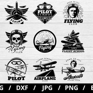 Conjuntos de logotipos de escolas de aviação, ilustrações svg, escola de pilotos, clube de aviação, clube de aviação de aeronaves, conjuntos de ícones de academias de aviação clipart svg