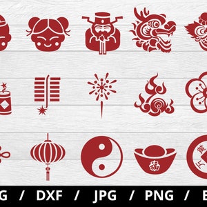 traditionelle chinesische Ornamente Element Material Sets Illustration svg, Löwentanz, Laternen, Knoten, Barren, Feuerwerkskörper Symbolsatz Clipart svg