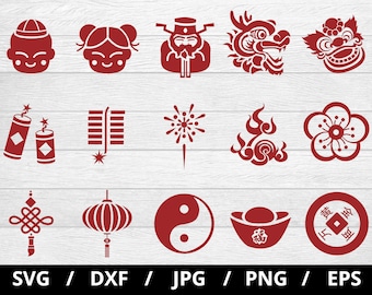 Chinese New Year Icon Set, Lion Dance, Lanterns (svg, eps, dxf, jpg, png)