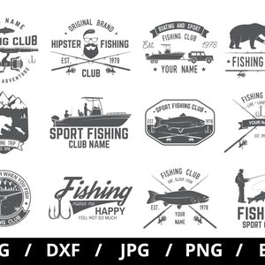 Collezione di set di loghi di club di pesca, illustrazioni in formato svg, battuta di pesca, club di pesca sportiva, set di emblemi, icone e distintivi clipart in formato svg
