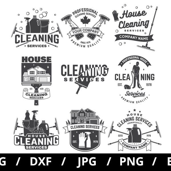 cleaning services logo sets illustration svg, house cleaning service, office cleaning service, cleaning service icon badge sets clipart svg