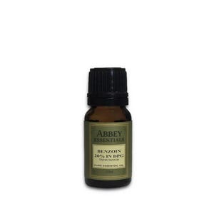 May include: A small amber glass bottle of Abbey Essentials benzoin essential oil. The label reads "Benzoin 20% in DPG" and "Pure Essential Oil". The bottle has a black cap and contains 10ml of oil.