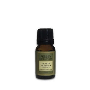 May include: An amber glass bottle of Abbey Essentials Lemon Verbena pure essential oil. The label displays the brand name and product information. The bottle has a black cap and contains 10ml of oil.