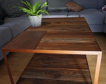 Rustikt vardagsrums- och matbord, massivt återvunnet granträ, stålram, handgjorda möbler, modern design, unikt träbord