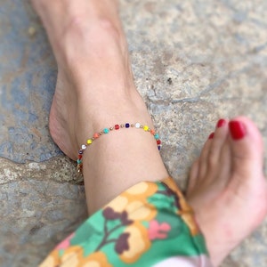 Multicolor Beads Anklet, Rainbow Ankle Bracelet, Colorful Crystal Rectangular Charm Anklets, Gift for her, Summer Jewelry