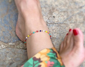 Multicolor Beads Anklet, Rainbow Ankle Bracelet, Colorful Crystal Rectangular Charm Anklets, Gift for her, Summer Jewelry