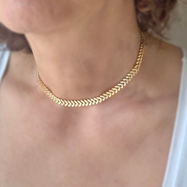 Gold Chevron Necklace, Dainty Arrow Chevron Choker, Chevron Gold Plated Chain, Bridal Jewelry, Gift for her, Beach Wedding