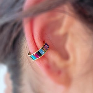 Baguette Crystal Ear Cuff, Square Zircon Ear Cuff, CZ Ear Cuff, Rainbow Beaded Earring, Ear Wrap, CZ Conch Ear Cuff Earrings, Christmas Gift