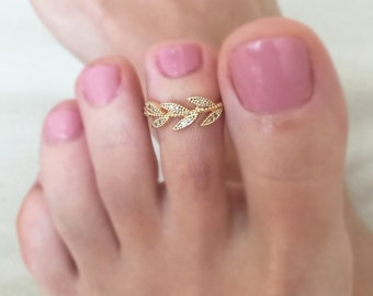 Anillo de dedo del pie de flor de laurel de hoja de oro brillante, anillo de dedo del pie ajustable relleno de oro, anillo de nudillo, joyería de pie, joyería de verano, joyería del cuerpo, anillo de pie