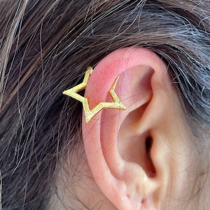 Gold Star Ear Cuff No Piercing, Earring, Unique Ear Cuff, Gold Filled Daily Jewelry, Fake Piercing Star Hoops, Star Ear Climber, under 20