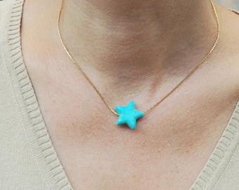 Dainty Turquoise Stone Necklace, Dainty Star Gold Jewelry, Star Pendant Necklace, Blue Jewelry, Bridesmaid Gift, Bridal Necklace