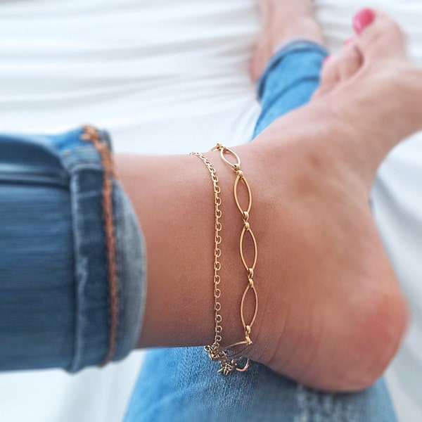 Gold Anklet, Gold Plated Ankle Bracelet, Double Layered Boho Ankle Bracelet, Layering Food Bracelet, Bridal Jewelry, Gift for her