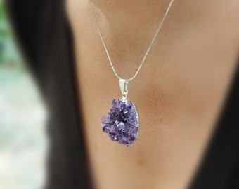 Silver Amethyst Necklace, Amethyst Druzy Pendant, Raw Amethyst Jewelry, February Birthstone, Raw Gemstone Necklace, Raw Crystal Pendant,