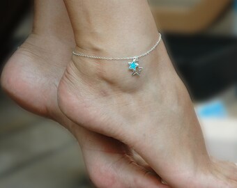 Blue Star Anklet, Silver Charm Ankle Bracelet, Dainty Chain Anklet, Star Ankle, Minimalist Anklet, Bridal Jewelry, Gift for her
