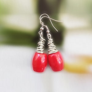Red Coral Earrings, Dainty Wire Wrapped Earrings, Natural Coral Gemstone Earrings, Statement Earrings, Everyday Earrings, Gift For Her