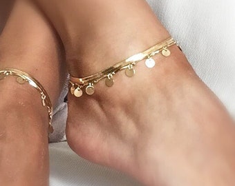 Gold und Silber Layering Anklet, doppellagiges Boho Ankle Armband, Herringbone Kette, Schlangenkette Anklet, Brautschmuck, Geschenk für Sie