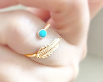 Gold Angel Feather Wing Ring, Open Feather Ring with Blue Bead, Gold Stacking Rings, Gifts for Mom Jewelry, Ring Cuff