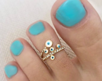 Anillo del dedo del pie del mal de ojo azul, anillo de circón minimalista, anillo del dedo del pie ajustable de cuentas múltiples, anillo de nudillo, anillo del dedo del pie de oro, joyería del cuerpo, anillo del pie