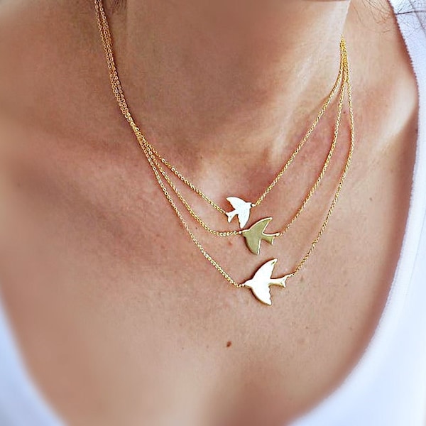 Flying Birds Necklace, Three Birds Necklace, Triple Swallow Birds Jewelry , Layered Necklace, Chain Necklace, Mothers Gift, Gift for Her