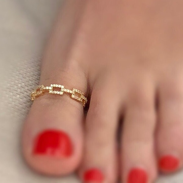 Gold Link Chain Toe Ring, Cubic Zirconia Toe Ring, Crystal  Adjustable Ring, Diamond Ring, Statement Ring, Cuban Chain Ring, Curb Link Ring