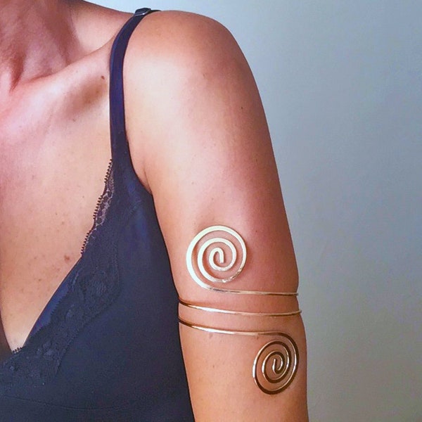 Spiral Upper Arm Cuff, Gold Swirl Arm Cuff, Armlet, Armbrand Bracelet, Thick Swirl Upper Arm Jewelry, Boho Cuff Bracelet, Gold Arm Band