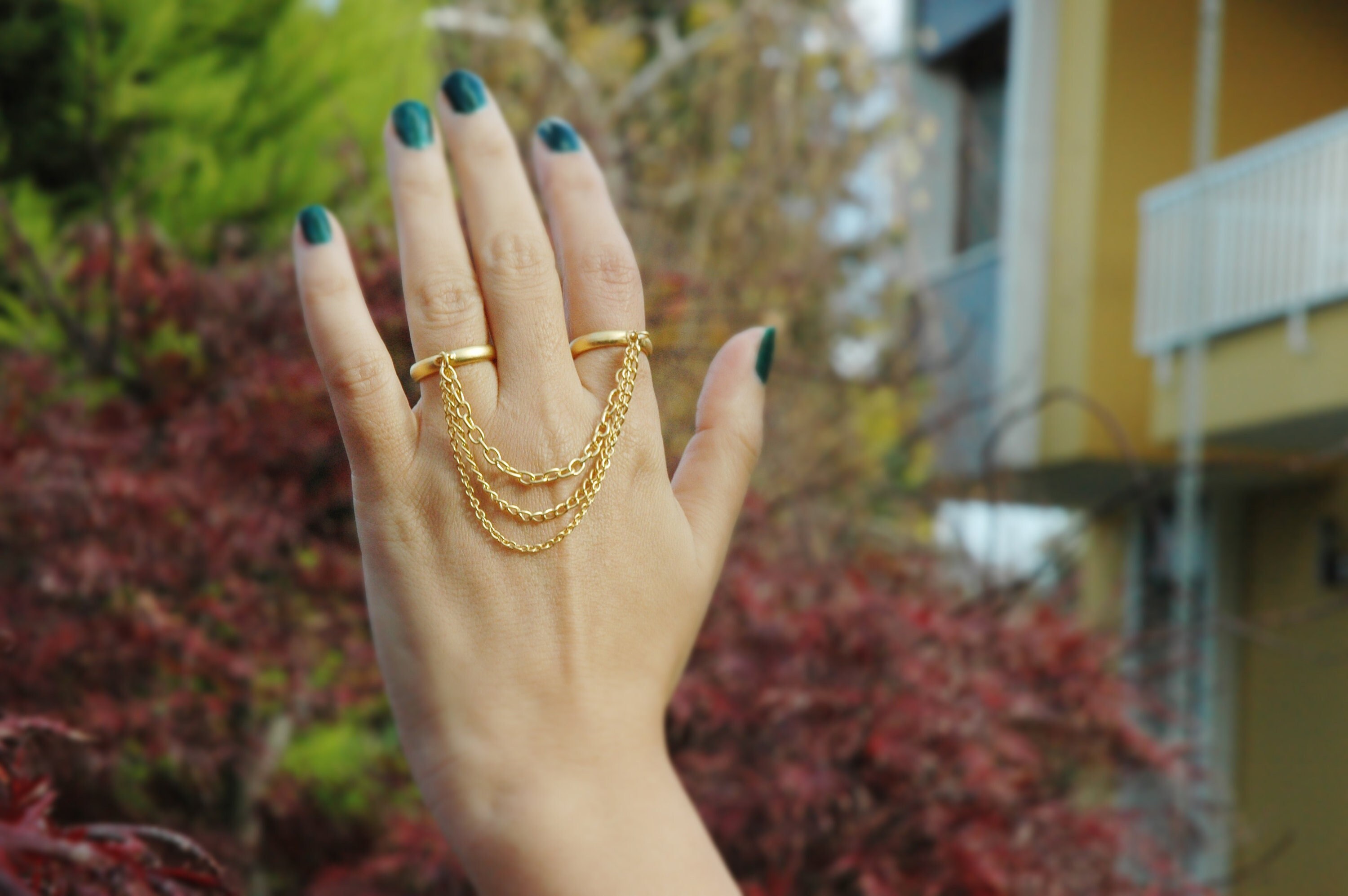 Gold Joined Chain Double Finger Rings Triple Chain Ring