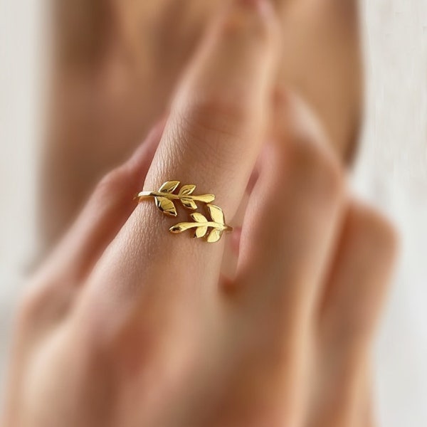 Gold Leaves Ring, Leaf Open Ring, Gold Feather Ring, Engagement Ring, Minimalist Ring, Statement Ring, Simple Ring, Christmas Gift for her