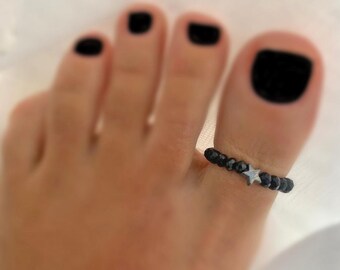 Black Beaded - Hematite Star on Elastic Toe Ring, Stretch Toe Ring, Adjustable Beaded Ring, Shiny Knuckle Ring, Toe Ring, Foot Ring