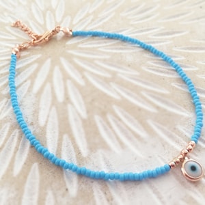 Evil Eye Schutz Perlen Fußkettchen, Blau und Gold Meer Perlen Fußkettchen, zierliches Fußkettchen, Boho Strand Schmuck, Sommer Schmuck, Geschenk für Sie
