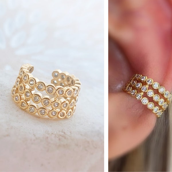 CZ Ear Cuff, Three Row CZ Ear Cuff, Gold Ear Cuff, No Pierced Ear Cuff, Ear Wrap, CZ Conch Ear Cuff Earrings, Fake Piercing, Boule  Ear Cuff