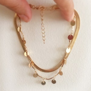 Tobillera de capas de oro, pulsera de tobillo Boho de doble capa, cadena llena de oro de espiga, tobillera de cadena de serpiente, joyería nupcial, regalo para ella imagen 2