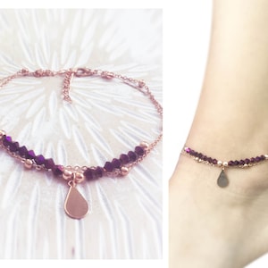 Layer Dangling Anklet, Purple Beads Ankle, Dainty and Boho Ankle Bracelet, Beach Anklet, Summer Rose Gold Plated Anklet, Gift for Her
