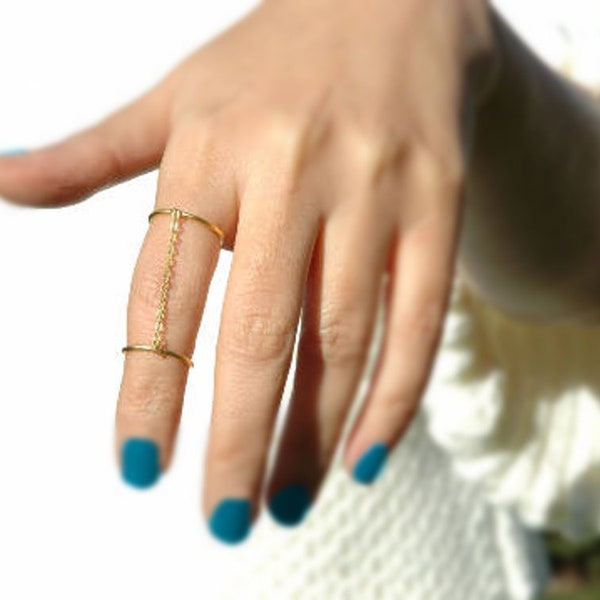 Chain Linked Double Rings, Adjustable Knuckle Ring, Joined Chain Rings, Chain Connected Rings, Gold Filled Ring, Gift for Her