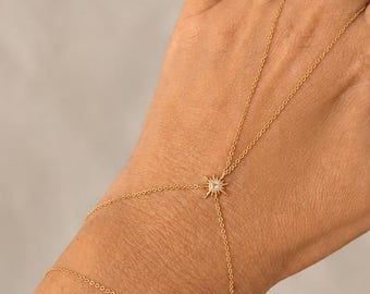 Gold Stern Hand Kette Armband, Minimal Körper Kette Sunburst Slave Armband, Finger Armband Braut Hand Kette Schmuck, Geschenk für Sie