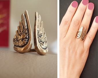 Antique Gold Angel Wings Ring, Boho Festival Ring, Adjustable Statement Ring, Bohemian Jewelry, Feathers Ring