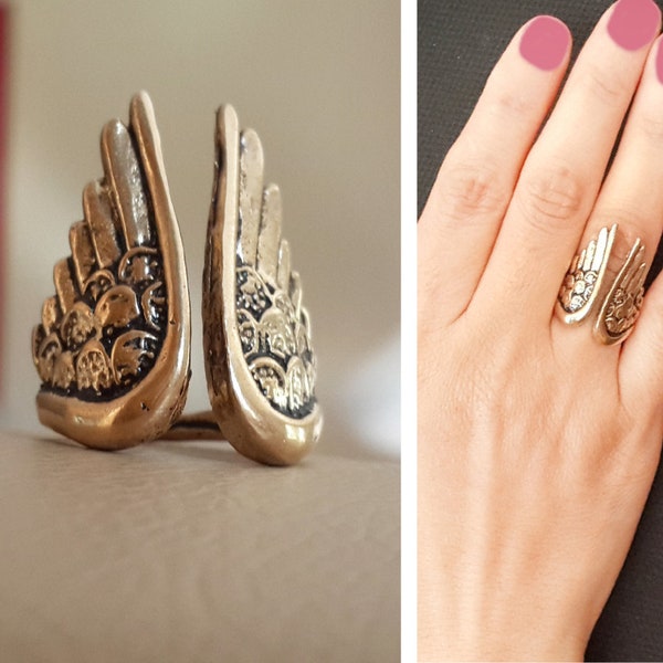 Antik Gold Engel Flügel Ring, Boho Festival Ring, Verstellbarer Statement Ring, Boho Schmuck, Federn Ring