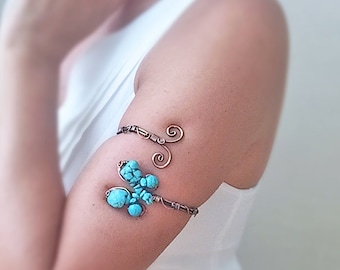 Brazalete de brazo turquesa de cobre, brazalete de brazo superior de turquesa de mariposa, brazalete de armlet, brazalete de marca de brazo, regalo del 7º aniversario, brazalete de manguito boho