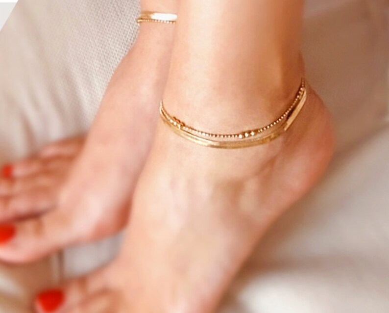 Gold Layering Anklet, Double Layered Ball Chain Ankle Bracelet