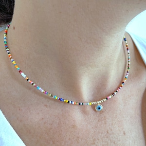 Evil Eye Choker Necklace with Multi Color Seed Bead, Protection Jewelry, Summer Jewelry, Colorful Dainty Necklace, Gift for Her
