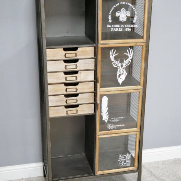 Vintage Style Industrial Metal Storage / Display Cabinet with Stag Design