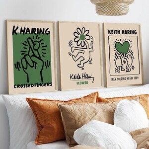 Sage Green Prints Set of 3, Keith Haring Print Flower, Exhibition Museum, Sage Green Art, Keith Haring Print